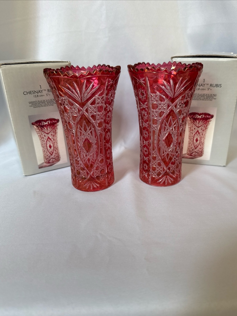 Vintage 1993 Cristal D’Arques Chesnay Rubis Cut to Clear Crystal Set of 2 Vases